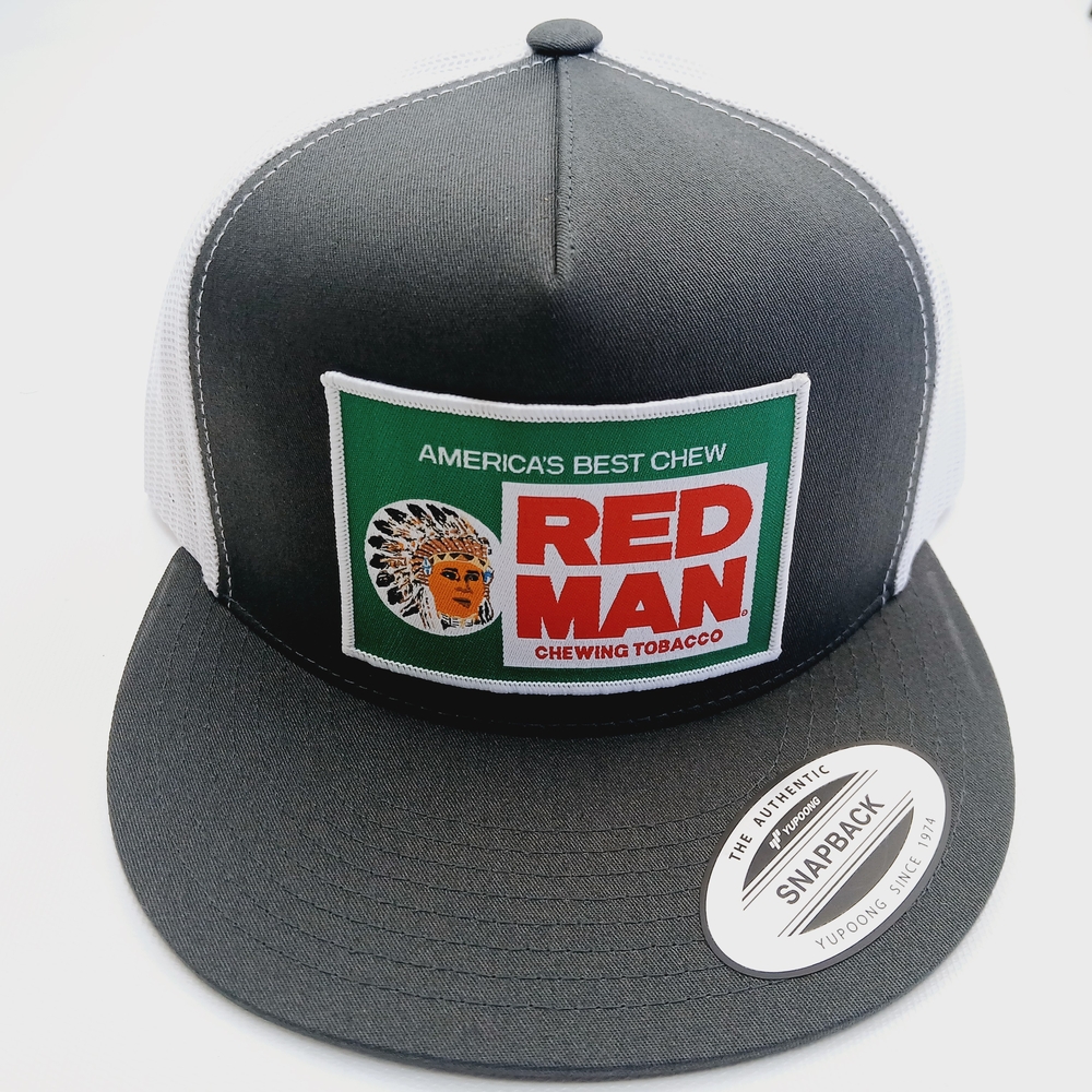 Red Man Patch Gray And White Yupoong Flat Bill Mesh Back Snapback Hat Cap
